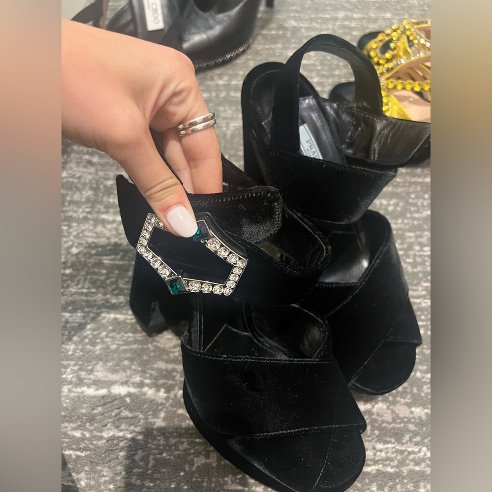 Prada Black Velvet Heels with Crystal Buckle
